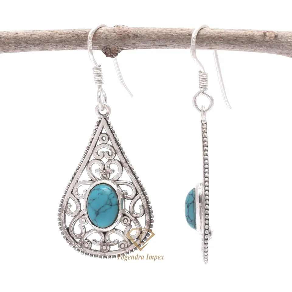 Elegant Natural Turquoise Gemstone Dangle & Drop Earrings 925 Sterling Silver Handmade Boho Earring For Manufacturer & Supplier