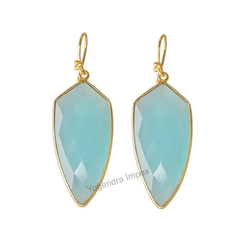 Vintage Peru Chalcedony Gemstone Hook Earrings 18k Gold Plated 925 Sterling Silver Hanging Earrings For Manufacture & Suppliers