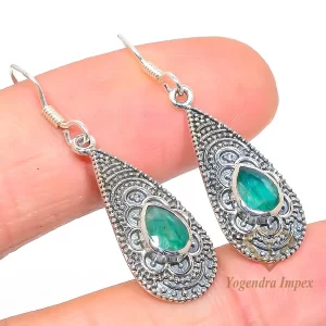 Skota Beautiful Emerald Pear Shaped Gemstone 925 Solid Sterling Silver Rhodium Plated Jewelry Earrings