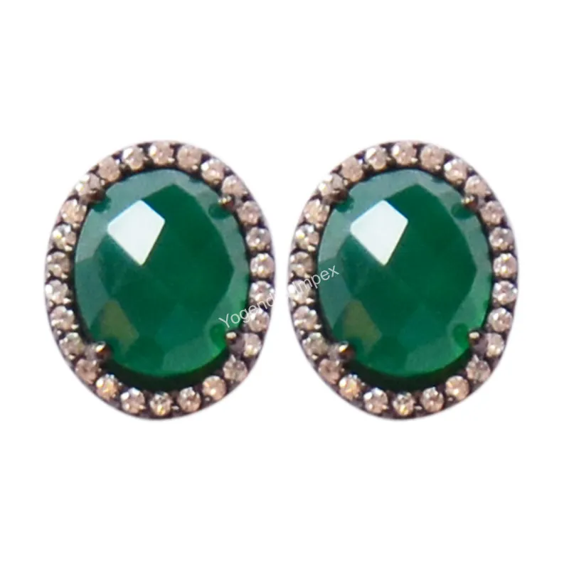 Women Jewelry Design Oval Shape Green Onyx With CZ Gemstone Black Rhodium Over 925 Silver Stud Earrings