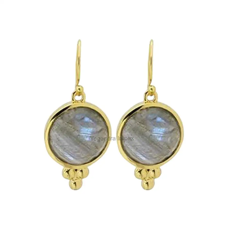 Labradorite Round Shape With Gold Plated Over 925 Silver Dangle & Drop Bezel Earrings Fashion Jewelry
