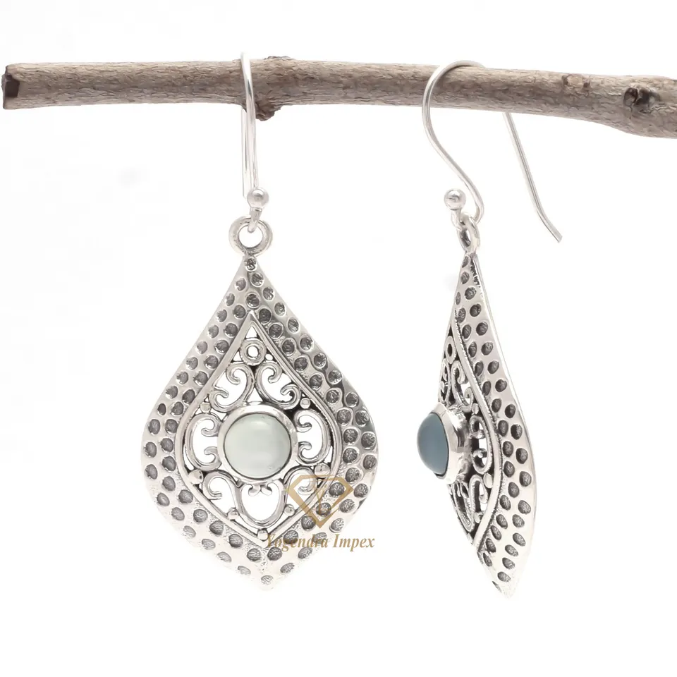 Natural Aqua Chalcedony Gemstone 925 Sterling Silver Bezel Earrings Anniversary Hook Earrings For Wholesale Suppliers