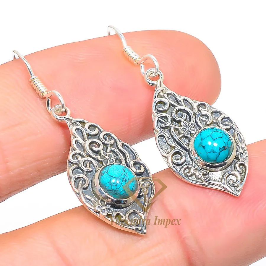Natural Howlite Turquoise Gemstone Drop Earrings 925 Solid Sterling Silver Round Shape Handmade Bezel Set Boho Jewelry Supplier