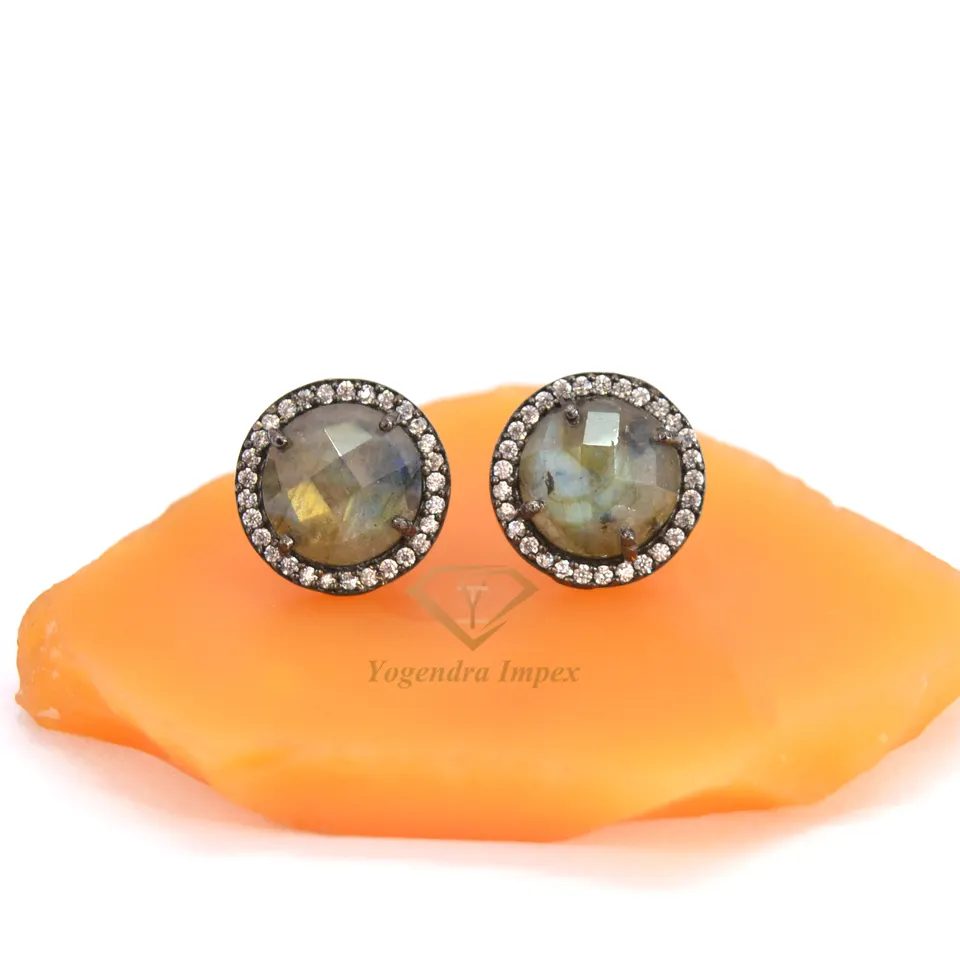 Natural Labradorite Gemstone Stud Earrings Gorgeous Wedding Earrings Black Rhodium Plated Prong Set Earrings Jewelry Women