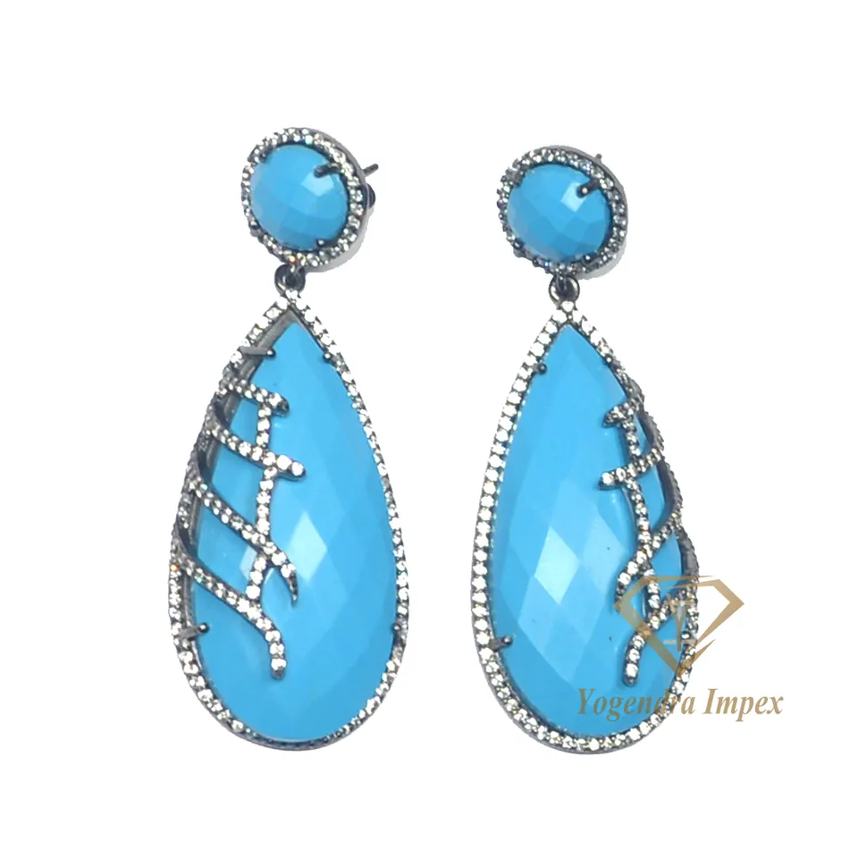 Top Quality Natural Turquoise Gemstone Drop & Dangle Earrings 925 Sterling Silver Prong Set Wedding Earrings For Suppliers