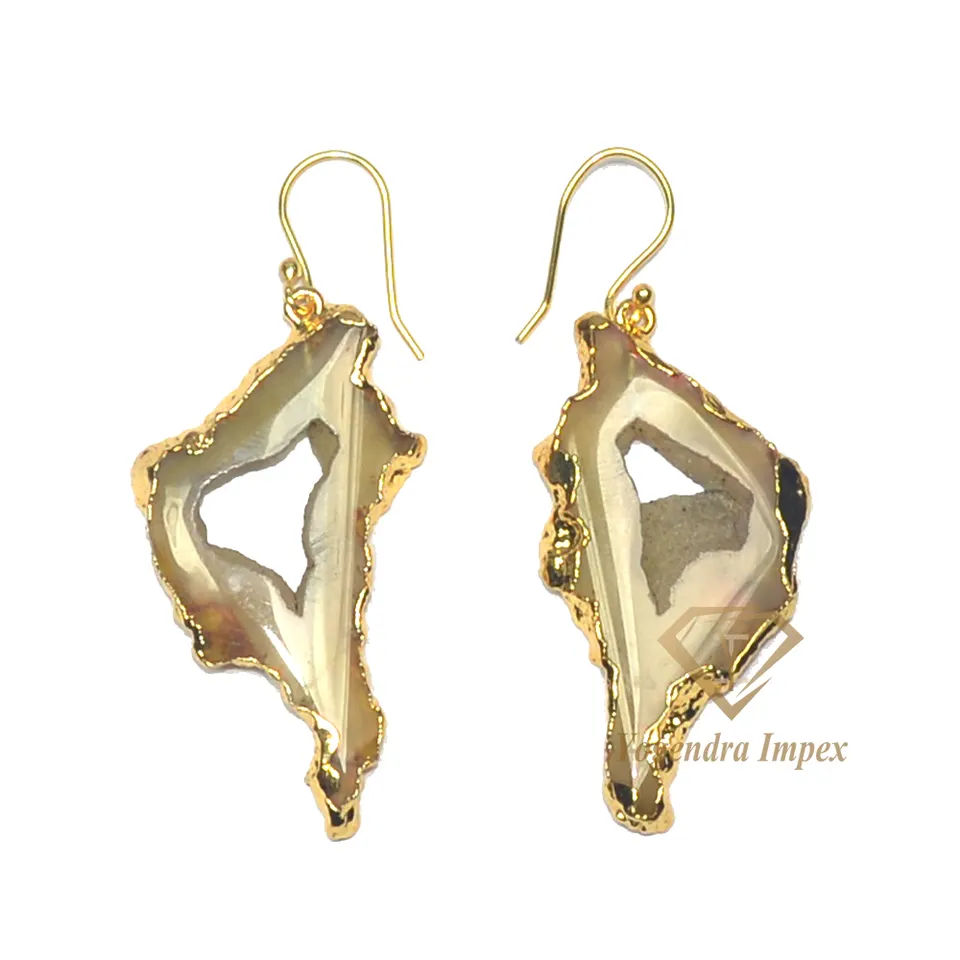 Exquisite Natural Brown Geode Agate Slice Gemstone Drop Earrings 925 Sterling Silver Hook Earrings For Suppliers & Manufacturer