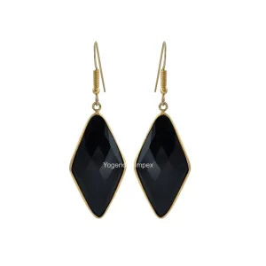 Natural Black Onyx Gemstone Earrings With Micron Gold Plated 925 Sterling Silver Dangle & Drop Bezel Earrings For Wholesaler