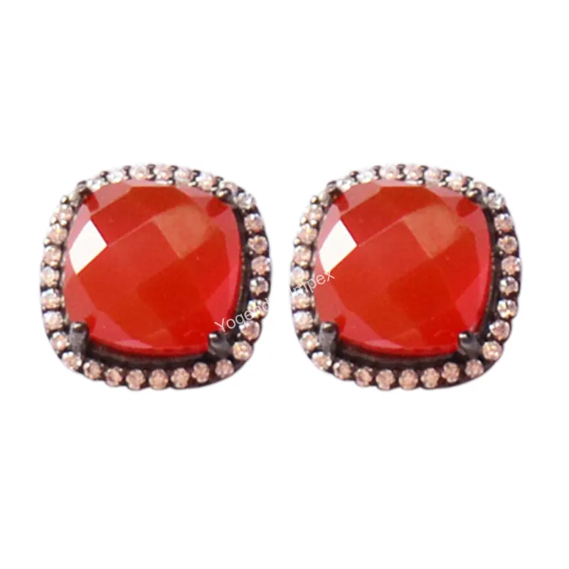 Square Shape Natural Carnelian With CZ Black Rhodium Over 925 Silver Stud Earrings Fashion Jewelry