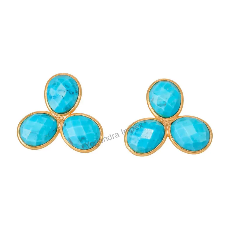 Fashion Leaf Shape Turquoise Gold Plated Over 925 Silver Bezel Stud Earrings Wholesale gemstone earrings
