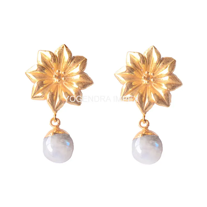Natural Rainbow Moonstone With Gold Plated Over Brass Chandelier Earrings From Manufacturer Perfect For Her