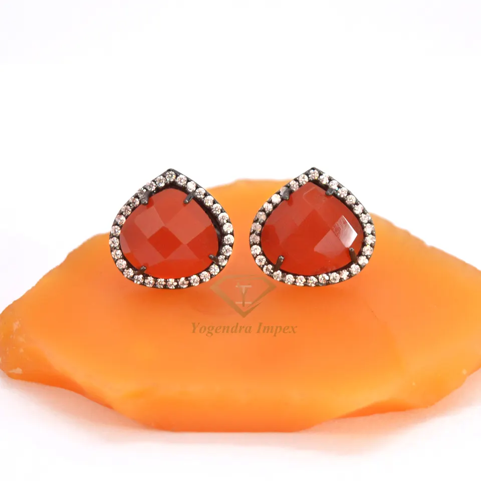 Pear Shape Natural Carnelian gemstone 925 Silver Stud Earrings Red Gemstone Cubic Zircon Stud Earrings For Wholesale Supplier