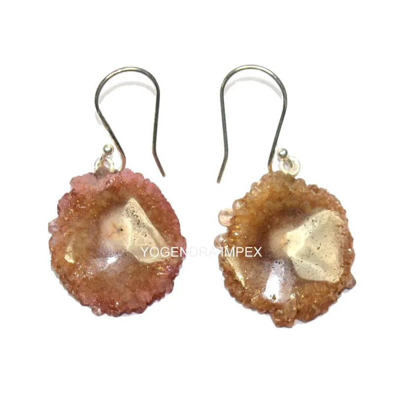 Round Shape Brown Solar Druzy Gemstone 925 Sterling Silver Drop & Dangle Earrings Bezel Set Hanging Earrings Jewelry For Women