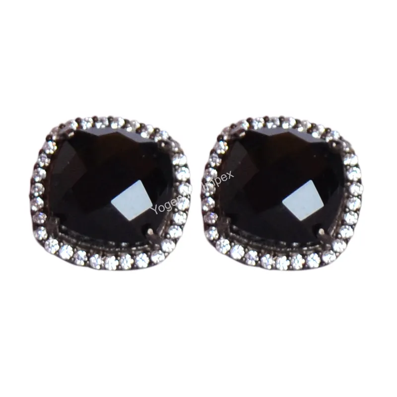 Natural Black Onyx Gemstone 925 Silver Stud Earrings Square Shape Cubic Zircon Black Rhodium Plated For Wholesale Suppliers
