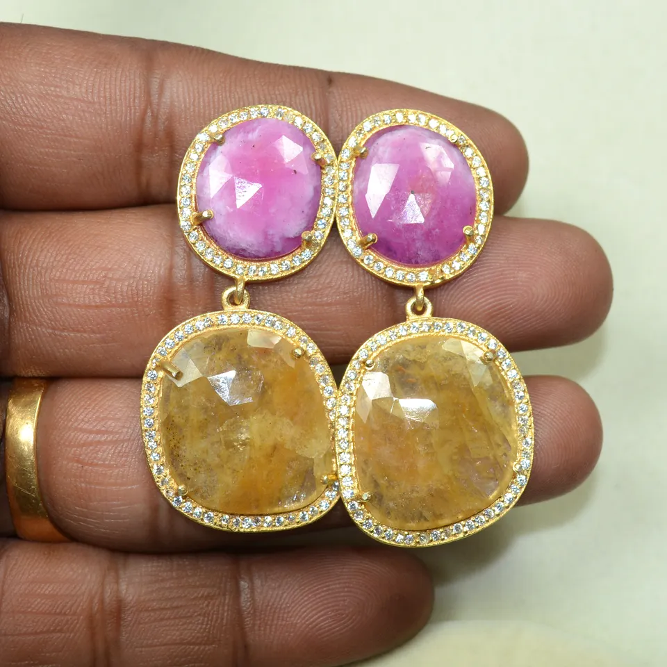 Elegant Pink & Yellow Sapphire Gemstone Earrings Sterling Silver 18k Gold Plated Pink Gemstone Earring For Wholesale Supplier