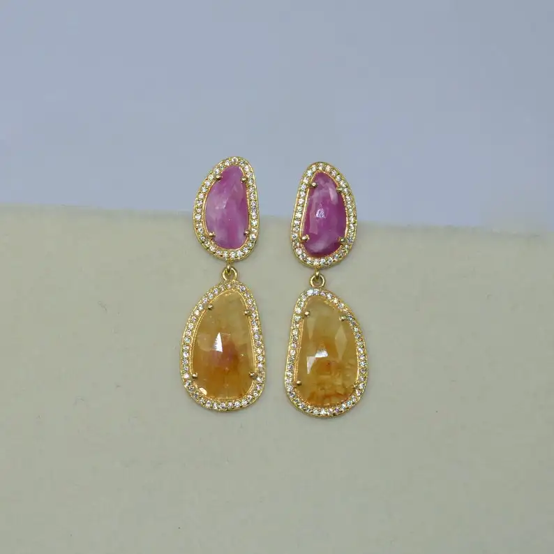 Natural Pink & Yellow Sapphire Gemstone Earrings, 925 Sterling Silver Long Gemstone Sapphire Earrings For Wholesale Suppliers