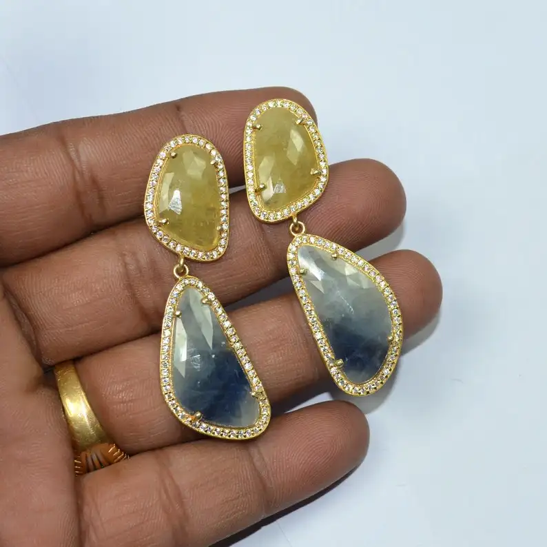 Elegant Yellow & Blue Sapphire Gemstone Earrings 925 Sterling Silver Prong Set Sapphire Earrings For Suppliers & Manufacturer