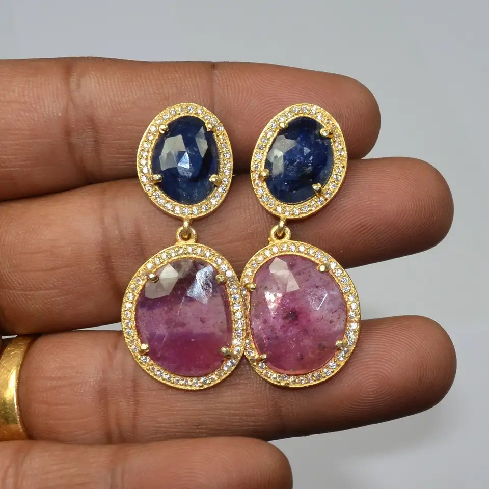 Elegant Blue & Pink Sapphire Gemstone Earrings, 925 Silver Gold Plated Wedding Dangle Earrings For Supplier & Manufacturer
