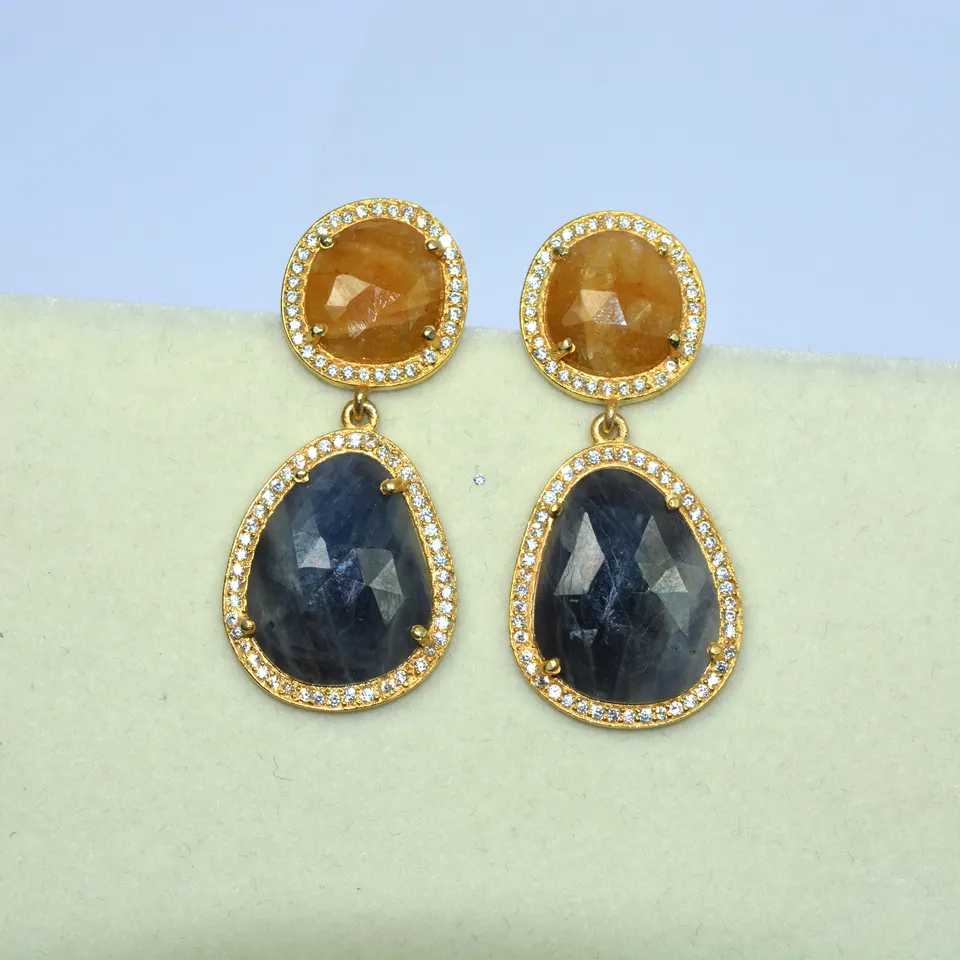 Natural Blue & Yellow Sapphire Gemstone Drop & Dangle Earrings 925 Sterling Silver Multi Sapphire Stud Earrings For Wholesaler