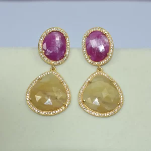 Natural Pink & Yellow Sapphire Gemstone Earrings 925 Sterling Silver Multi Sapphire Wedding Earrings For Wholesale Suppliers