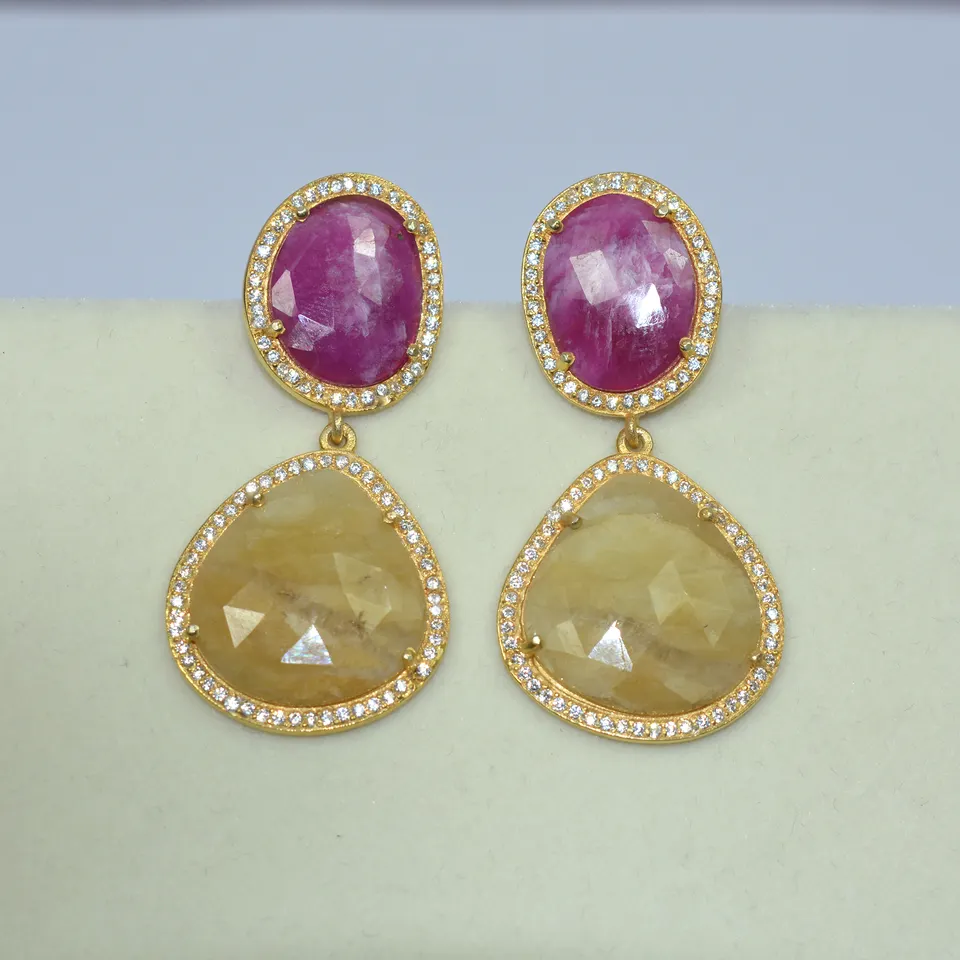 Natural Pink & Yellow Sapphire Gemstone Earrings 925 Sterling Silver Multi Sapphire Wedding Earrings For Wholesale Suppliers