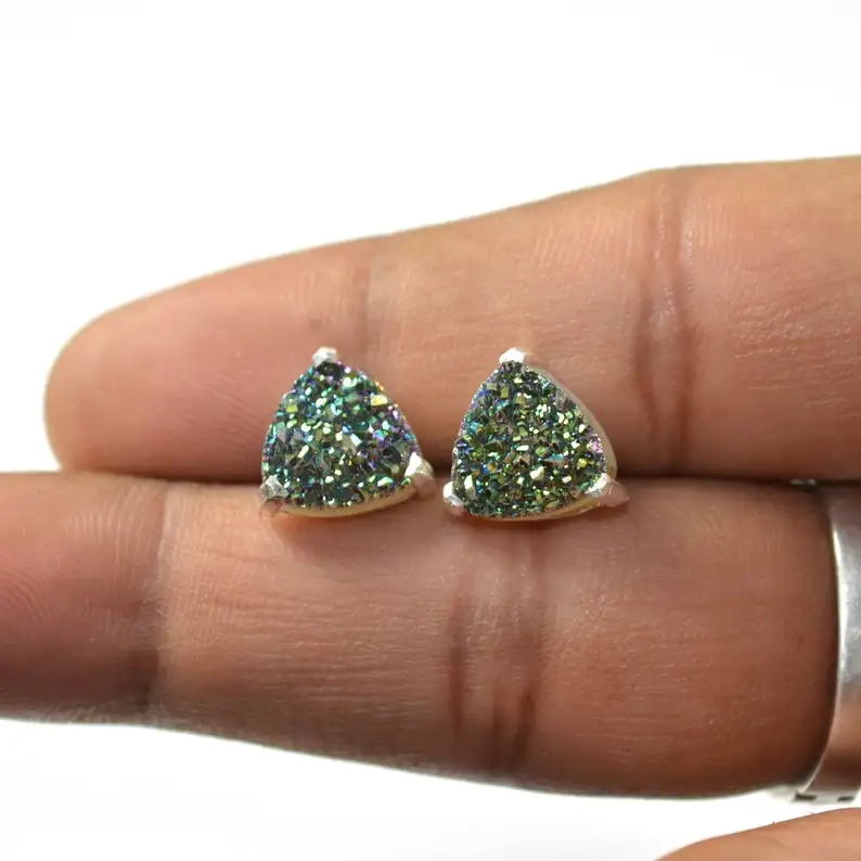 Trillion Shape Green Titanium Druzy Gemstone Stud Earrings, 925 Sterling Silver Mint Druzy Earrings For Wholesale Suppliers