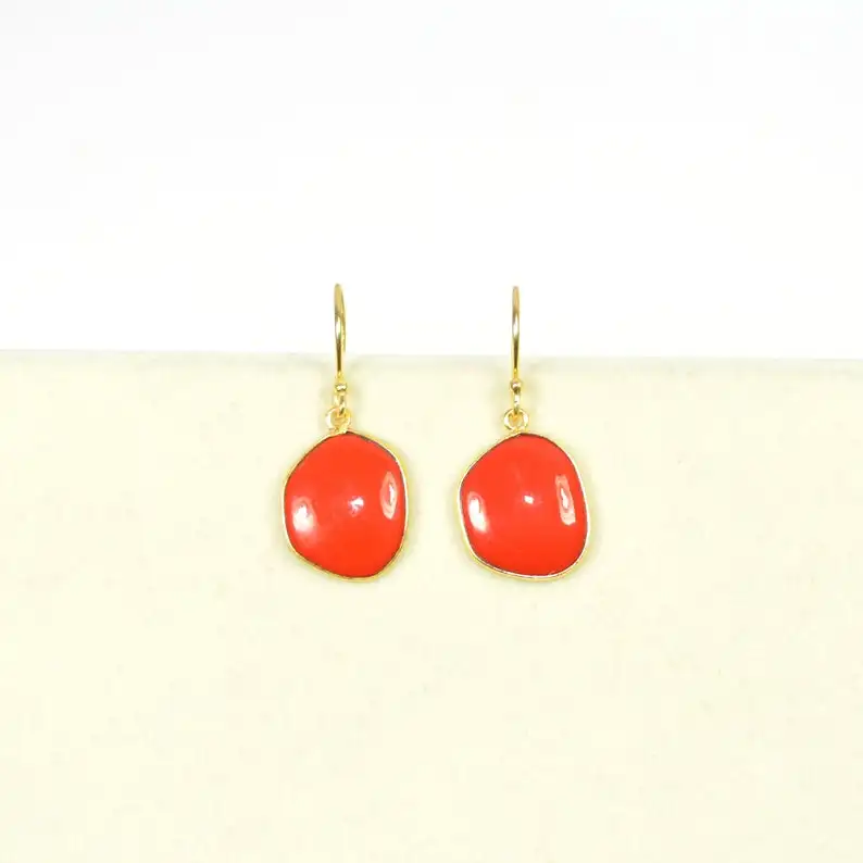 Handmade Red Coral Gemstone Drop & Dangle Earring, 18k Gold Plated Over 925 Sterling Silver Coral Earring For Wholesale Supplier