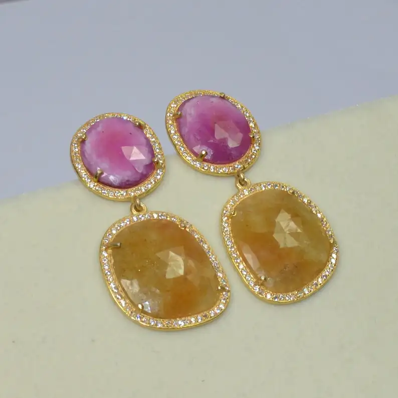 Handmade Pink And Yellow Sapphire Gemstone Drop Earrings Sterling Silver 18k Gold Plated Pink Gemstone For Wholesale Suppliers