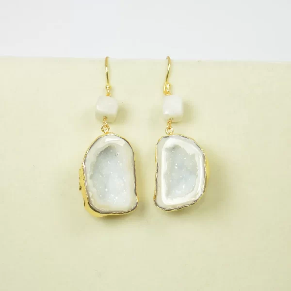 Fancy Shape White Solar Druzy Earrings 925 Sterling Silver, White Solar Slice 18k Gold Electroplated Earrings For Wholesaler