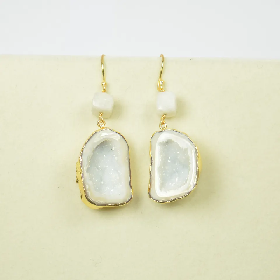 Fancy Shape White Solar Druzy Earrings 925 Sterling Silver, White Solar Slice 18k Gold Electroplated Earrings For Wholesaler