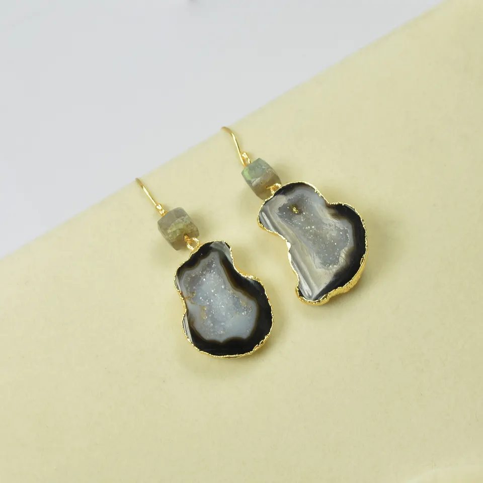 Agate Black Solar Quartz Drop Earrings 18k Gold Electroplated Solar Quartz Gemstone Handmade Earrings For Wholesale Suppliers