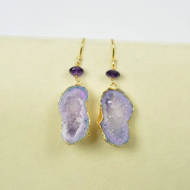 Handmade Purple Solar Druzy Quartz Earrings Gold Electroplated Fancy Shape Purple Gemstone Druzy Earring Jewelry For Wholesaler