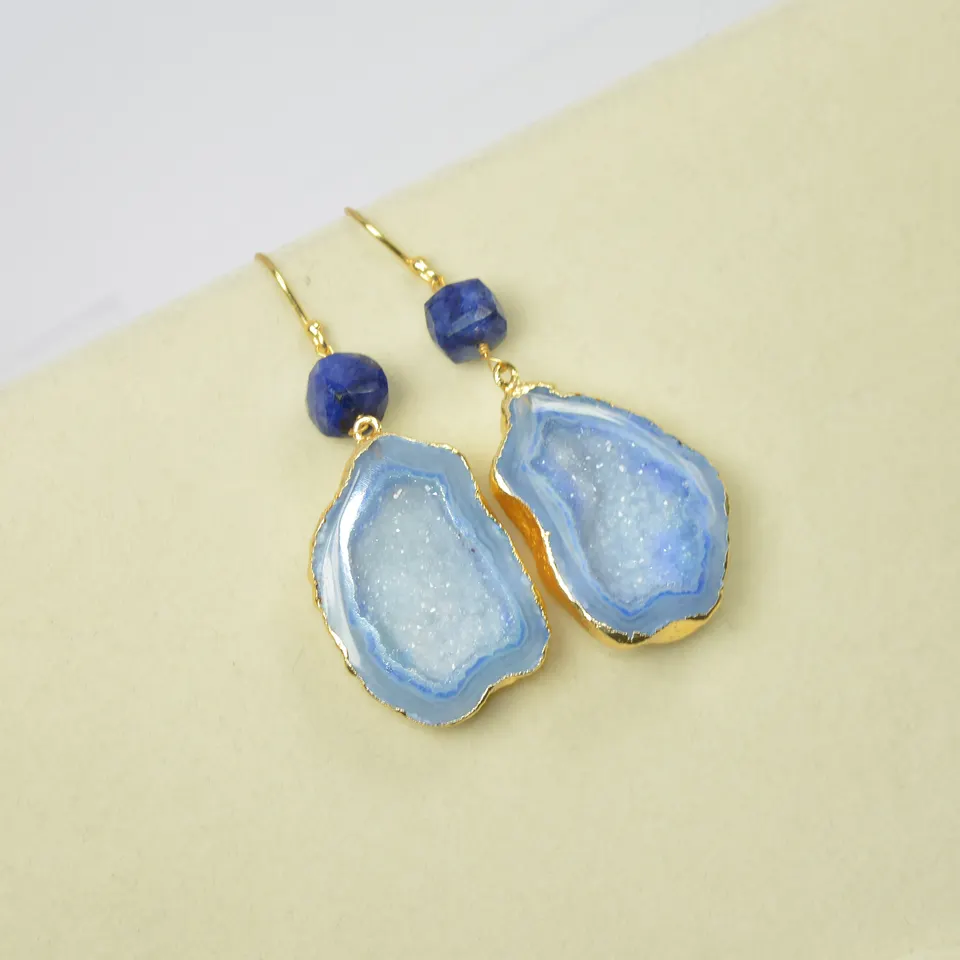 Gorgeous Blue Solar Druzy Quartz Gemstone Earrings 18k Gold Electroplated Geode Blue Gemstone Handmade Earrings For Wholesaler