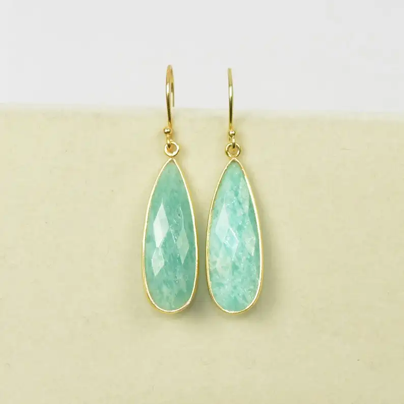 Teardrop Amazonite Gemstone Drop & Dangle Earrings 18k Gold Plated 925 Sterling Silver Gift Hook Earring For Wholesale Supplier