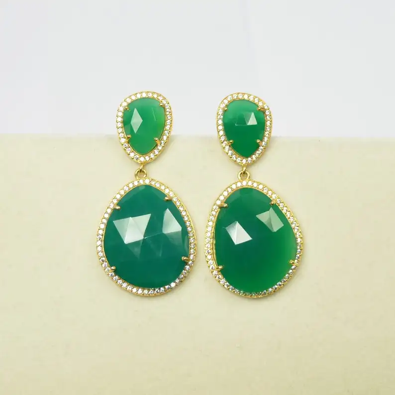 Natural Green Onyx Gemstone Drop Earrings 925 Sterling Silver Gold Plated Green Gemstone Dangle Gift Dangle Earrings Wholesale