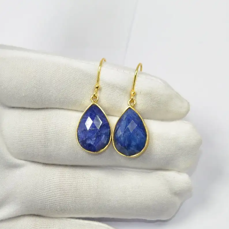 Teardrop Blue Sapphire Gemstone Drop & Dangle Earrings 925 Sterling Silver, 18k Gold Plated Earrings For Wholesale Buyers