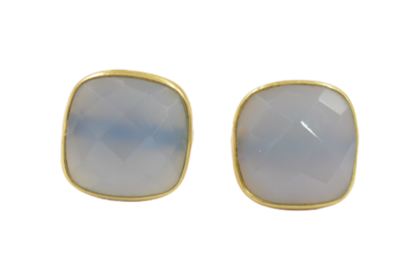 wholesale blue chalcedony silver earrings for women fashion jewelry chalcedony gemstone stud earrings handmade cushion shape