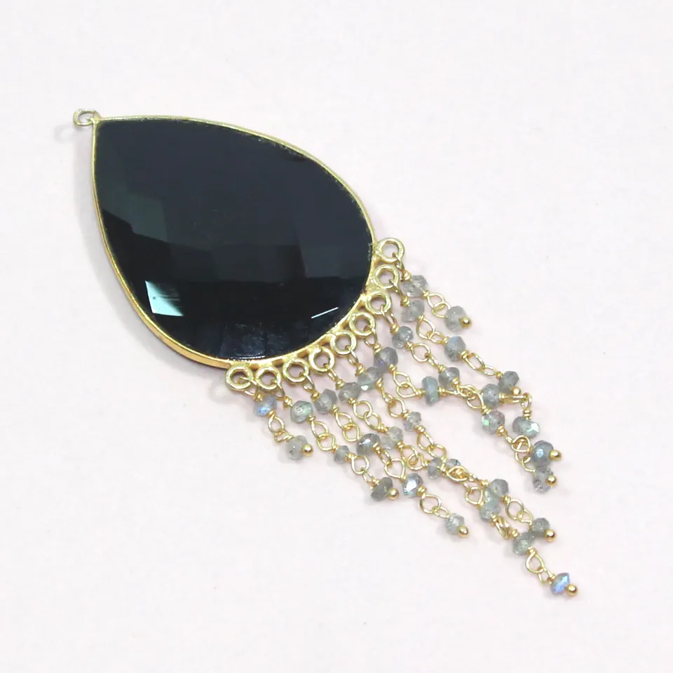 Natural Black Onyx With Labradorite Gemstone 925 Sterling Silver Pendant 18k Gold Plated Multi Pendant Jewelry For Suppliers