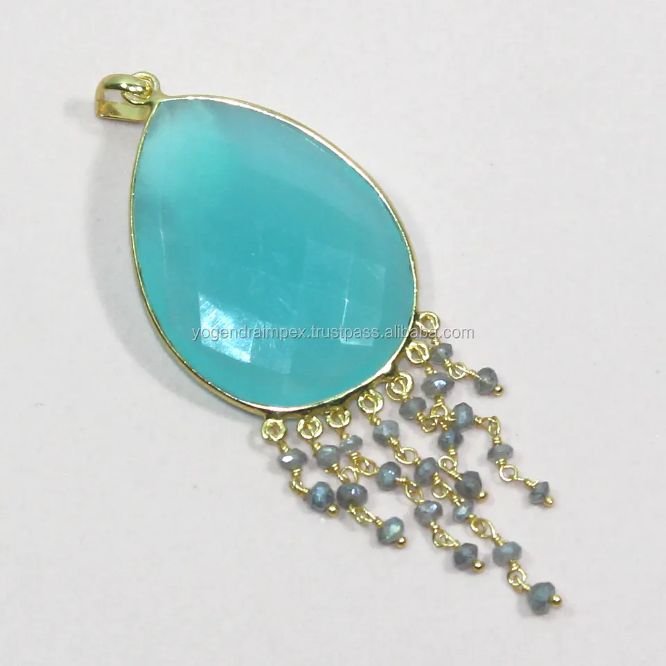 Peru Chalcedony Pendant With Labradorite 925 Sterling Silver Pear Shape Blue Gemstone pendant For Wholesale Suppliers