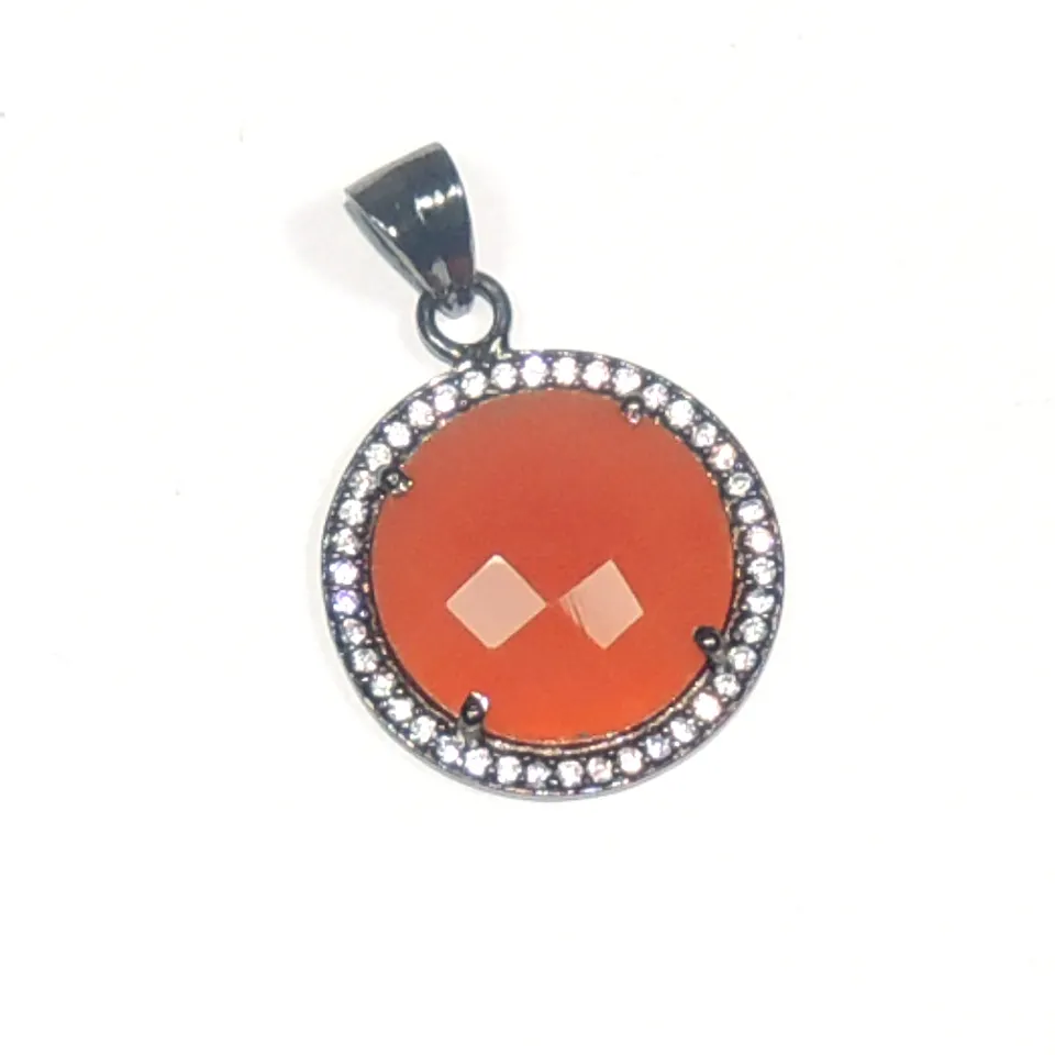 Black Rhodium Plated Natural Carnelian 925 Sterling Silver CZ Pendant Gorgeous Round Shape Gemstone Jewelry For Wholesaler