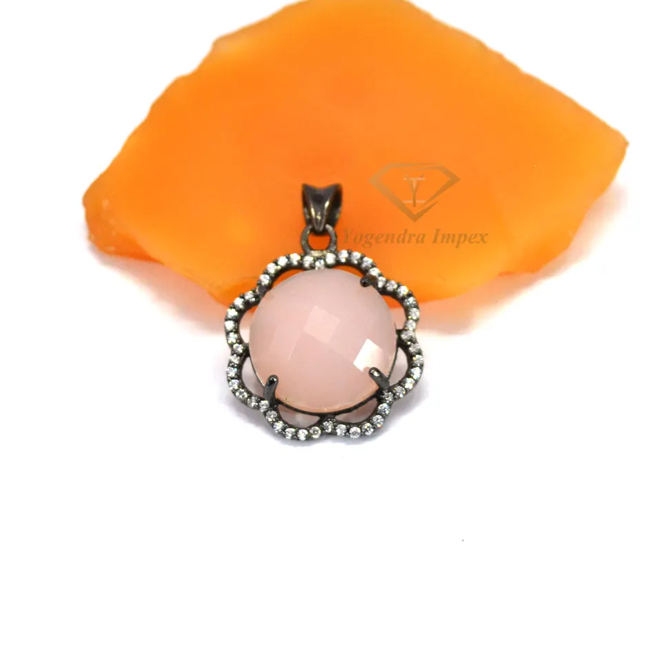 Natural Pink Chalcedony Gemstone 925 Sterling Silver Pendant Round Shape With Cubic Zirconia Black Rhodium Plated For Suppliers