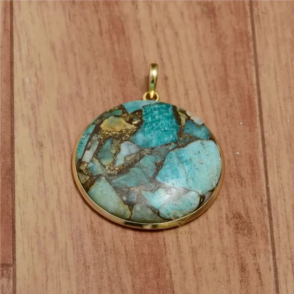 Round Shape Natural Amazonite Copper Gemstone Pendant 925 Sterling Silver 18kGold Plated Pendant Jewelry For Wholesale Supplier