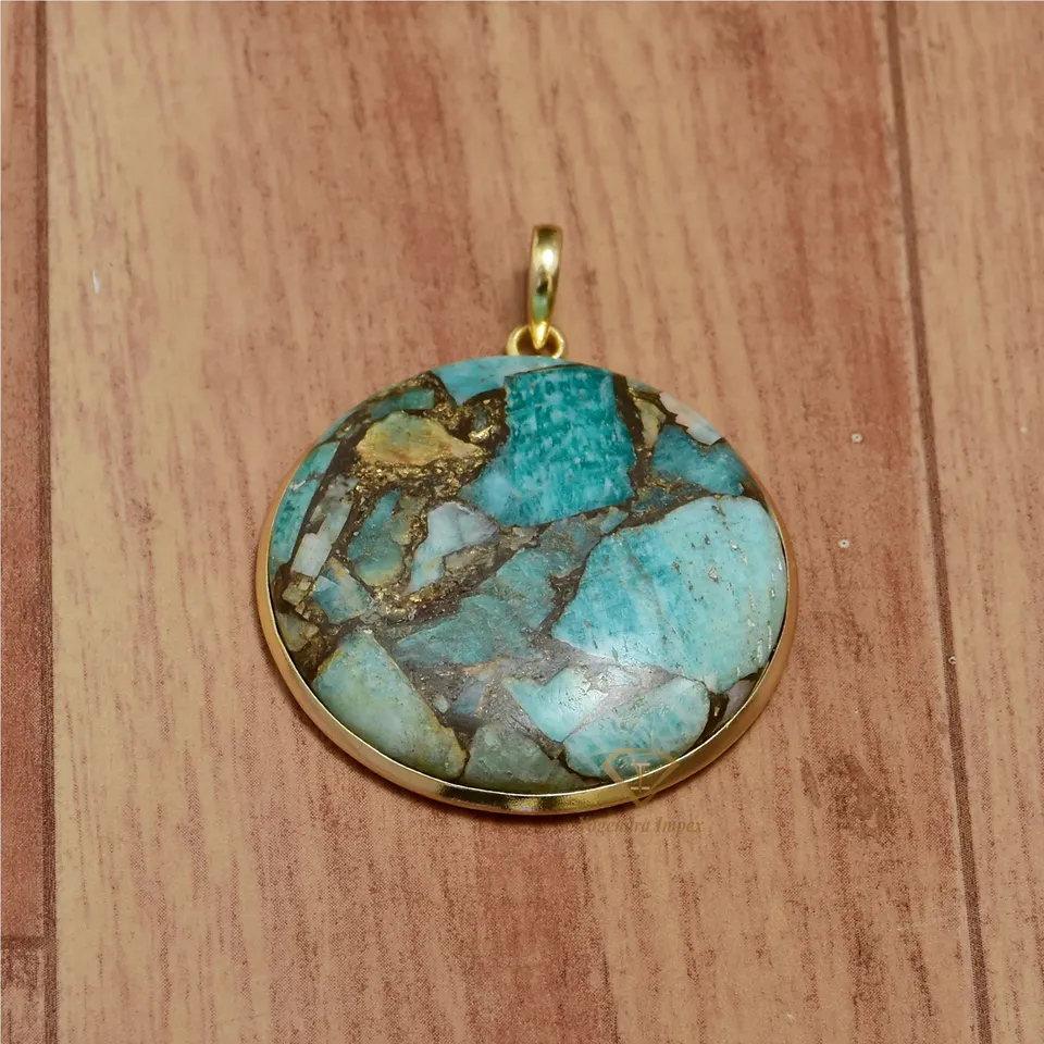 Round Shape Natural Amazonite Copper Gemstone Pendant 925 Sterling Silver 18kGold Plated Pendant Jewelry For Wholesale Supplier