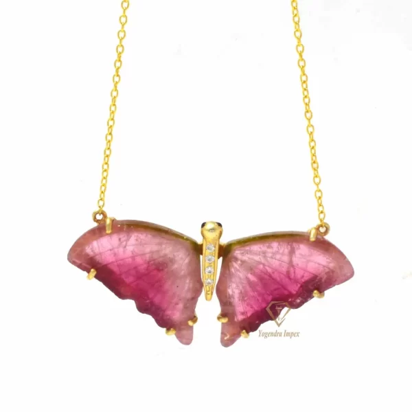 Natural Multi Tourmaline Gemstone Butterfly Pendant Sterling Silver 18k Gold Plated Pendant Insect Chain Necklace Jewelry