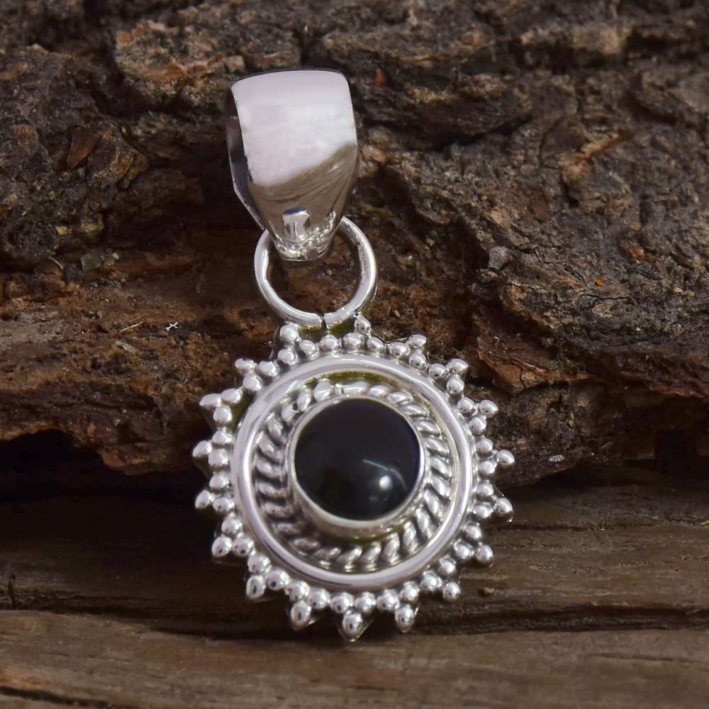 Natural Black Onyx Gemstone Pendant, Boho Solid 925 Sterling Silver Round Shape Jewelry For Wholesale Supplies