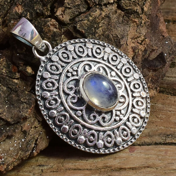 Incredible Top Grade Quality Natural Rainbow Moonstone round Shape Ethnic Style Handmade Jewelry 925 Sterling Silver Pendant