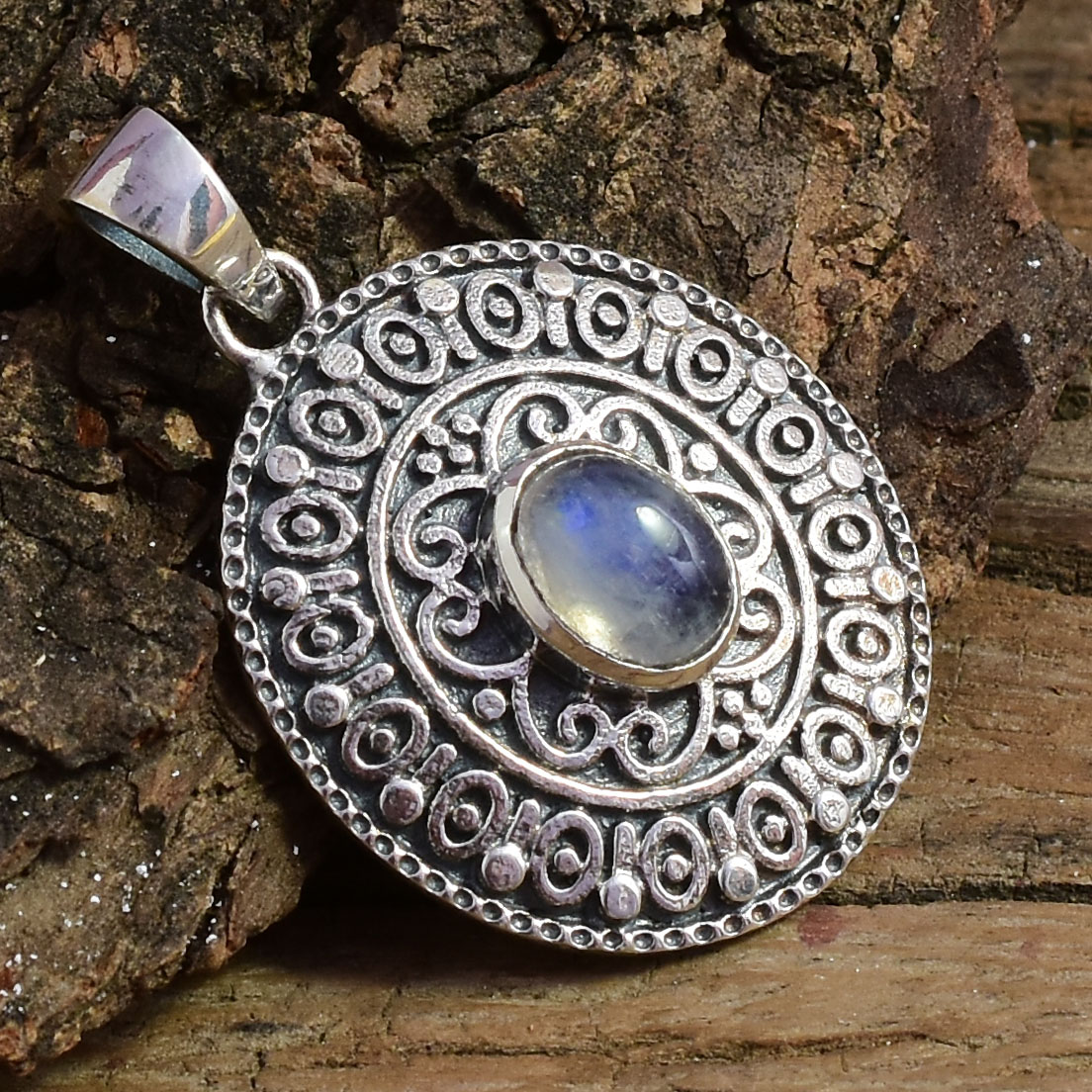 Incredible Top Grade Quality Natural Rainbow Moonstone round Shape Ethnic Style Handmade Jewelry 925 Sterling Silver Pendant