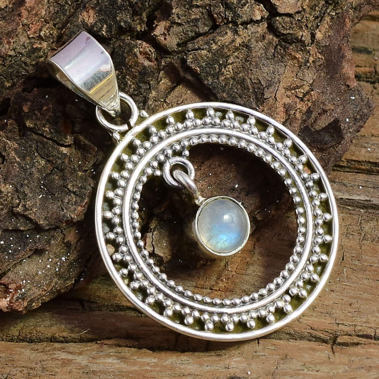 Supplier of rainbow moonstone Gemstone round shape pendant Gorgeous bezel set Pendant 2023 Shop now Gemstone pendant for sale