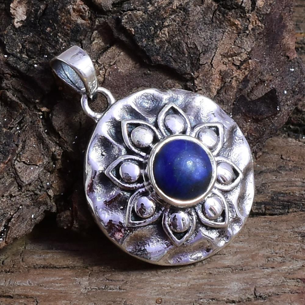 Round Shape Natural Lapis Lazuli Gemstone Pendant Necklace, 925 Sterling Silver Blue Gemstone Pendant Jewelry For Wholesaler