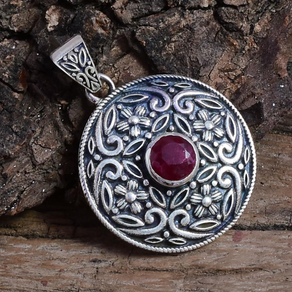 Round Natural Ruby Gemstone Pendant 925 Sterling Silver, Handmade Silver Oxidized Plated Pendant For Manufacturer & Suppliers