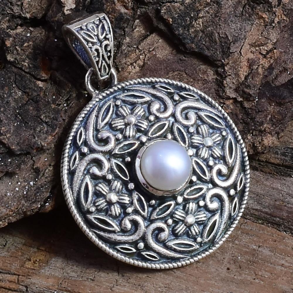 Handmade Round Natural Pearl Gemstone 925 Sterling Silver Pendant, Oxidized Plated Boho Pearl Gemstone Jewelry For Wholesaler